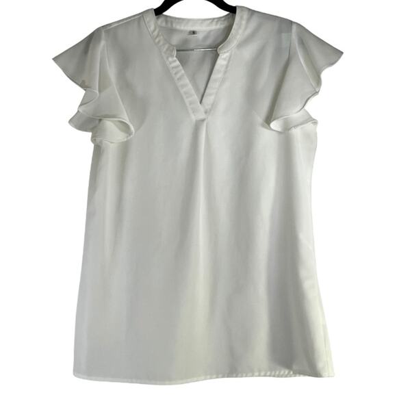 White  V-Neck Ruffle Cap Sleeve Rayon Blouse Reg Size Small - Picture 1 of 1